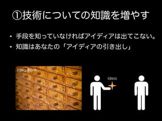 ①技術についての知識を増やす
•  手段を知っていなければアイディアは出てこない。
•  知識はあなたの「アイディアの引き出し」

Idea Bank
Idea

 