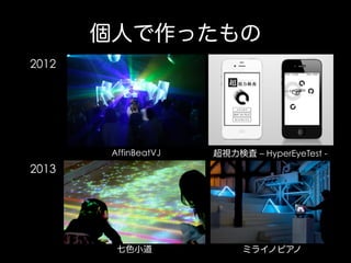個人で作ったもの
2012

AffinBeatVJ

超視力検査 – HyperEyeTest -

七色小道

ミライノピアノ

2013

 