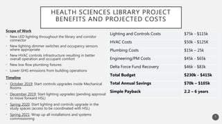 Lighting and Controls Costs $75k - $115k
HVAC Costs $50k - $125K
Plumbing Costs $15k – 25k
Engineering/PM Costs $45k - $65k
Delta Force Fund Recovery $46k - $83k
Total Budget $230k - $415k
Total Annual Savings $70k – $105k
Simple Payback 2.2 – 6 years
HEALTH SCIENCES LIBRARY PROJECT
BENEFITS AND PROJECTED COSTS
Scope of Work
• New LED lighting throughout the library and corridor
connector
• New lighting dimmer switches and occupancy sensors
where appropriate
• New HVAC controls infrastructure resulting in better
overall operation and occupant comfort
• New low flow plumbing fixtures
• Lower GHG emissions from building operations
5
Timeline
• October 2019: Start controls upgrades inside Mechanical
Rooms
• December 2019: Start lighting upgrades (pending approval
to move forward HSL)
• Spring 2020: Start lighting and controls upgrade in the
study spaces (access to be coordinated with HSL)
• Spring 2021: Wrap up all installations and systems
commissioning
 