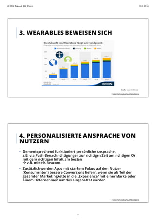 3. WEARABLES BEWEISEN SICH
PRÄSENTATIONDIGITALE TRENDS2016
Quelle: www.statista.com
4. PERSONALISIERTE ANSPRACHE VON
NUTZERN
PRÄSENTATIONDIGITALE TRENDS2016
• Dementsprechend funktioniert persönliche Ansprache,
z.B. via Push-Benachrichtigungen zur richtigen Zeit am richtigen Ort
mit dem richtigen Inhalt am besten
à z.B. mittels Beacons
• Zusätzlich werden Apps mit starkem Fokus auf den Nutzer
(Konsumenten) bessere Conversions liefern, wenn sie als Teil der
gesamten Marketingkette in die „Experience“ mit einer Marke oder
einem Unternehmen nahtlos eingebettet werden
© 2016 Takondi AG, Zürich 10.3.2016
9
 
