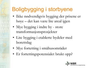 Boligbygging i storbyene
• Ikke nødvendigvis bygging der prisene er
høye – det kan være lite areal igjen
• Mye bygging i indre by - store
transformasjonsprosjekter
• Lite bygging i etablerte bydeler med
borettslag
• Mye fortetting i småhusområder
• Er fortettingspotensialet brukt opp?

 