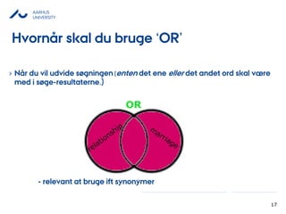 AARHUS
UNIVERSITY
17
› Når du vil udvide søgningen (enten det ene eller det andet ord skal være
med i søge-resultaterne.)
- relevant at bruge ift synonymer
OR
Hvornår skal du bruge ‘OR’
 