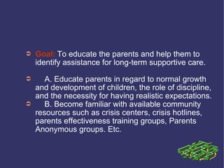 ➲   Goal: To educate the parents and help them to
    identify assistance for long-term supportive care.
➲      A. Educate parents in regard to normal growth
    and development of children, the role of discipline,
    and the necessity for having realistic expectations.
➲      B. Become familiar with available community
    resources such as crisis centers, crisis hotlines,
    parents effectiveness training groups, Parents
    Anonymous groups. Etc.
 