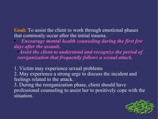 Goal: To assist the client to work through emotional phases
that commonly occur after the initial trauma.
●   Encourage mental health counseling during the first few
days after the assault.
  ●Assist the client to understood and recognize the period of

  reorganization that frequently follows a sexual attack.

1. Victim may experience sexual problems
2. May experience a strong urge to discuss the incident and
feelings related to the attack.
3. During the reorganization phase, client should have
professional counseling to assist her to positively cope with the
situation.
 