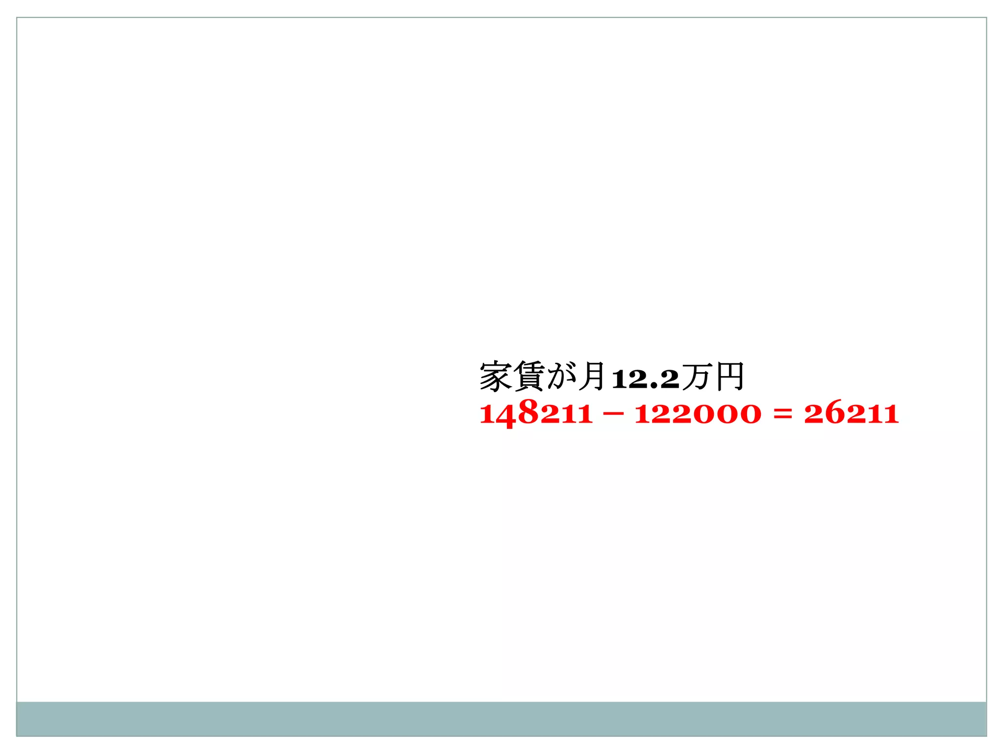 家賃が月12.2万円
148211 – 122000 = 26211
 
