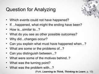 Question for Analyzing
• Which events could not have happened?
• If. ..happened, what might the ending have been?
• How is...similar to...?
• What do you see as other possible outcomes?
• Why did...changes occur?
• Can you explain what must have happened when...?
• What are some or the problems of...?
• Can you distinguish between...?
• What were some of the motives behind..?
• What was the turning point?
• What was the problem with...?
(Pohl, Learning to Think, Thinking to Learn, p. 13)
 