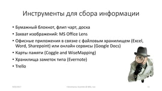 Инструменты для сбора информации
• Бумажный блокнот, флип чарт, доска
• Захват изображений: MS Office Lens
• Офисные приложения в связке с файловым хранилищем (Excel,
Word, Sharepoint) или онлайн сервисы (Google Docs)
• Карты памяти (Coggle and WiseMapping)
• Хранилища заметок типа (Evernote)
• Trello
9/02/2017 I.Yamshanov, Ascendix @ BAQ, Lviv 11
 
