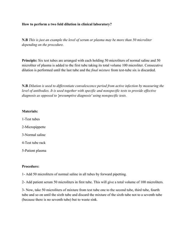 How to perform a two fold dilution in a clinical laboratory