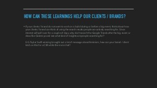 HOW CAN THESE LEARNINGS HELP OUR CLIENTS / BRANDS?
• If your clients / brand do not want to work on a build during or before a big event, think about how
your clients / brand can think of using the search results people are actively searching for. Since
interest will spill over for a couple of days, why don't search the Google Trends after the big event or
show like Grammys and see what kind of insights are people searching for? 
 
E.G. Taylor Swift winning brought out a lot of message about feminism, how can your brand / client
latch on this for a CSR while the iron is hot?
 