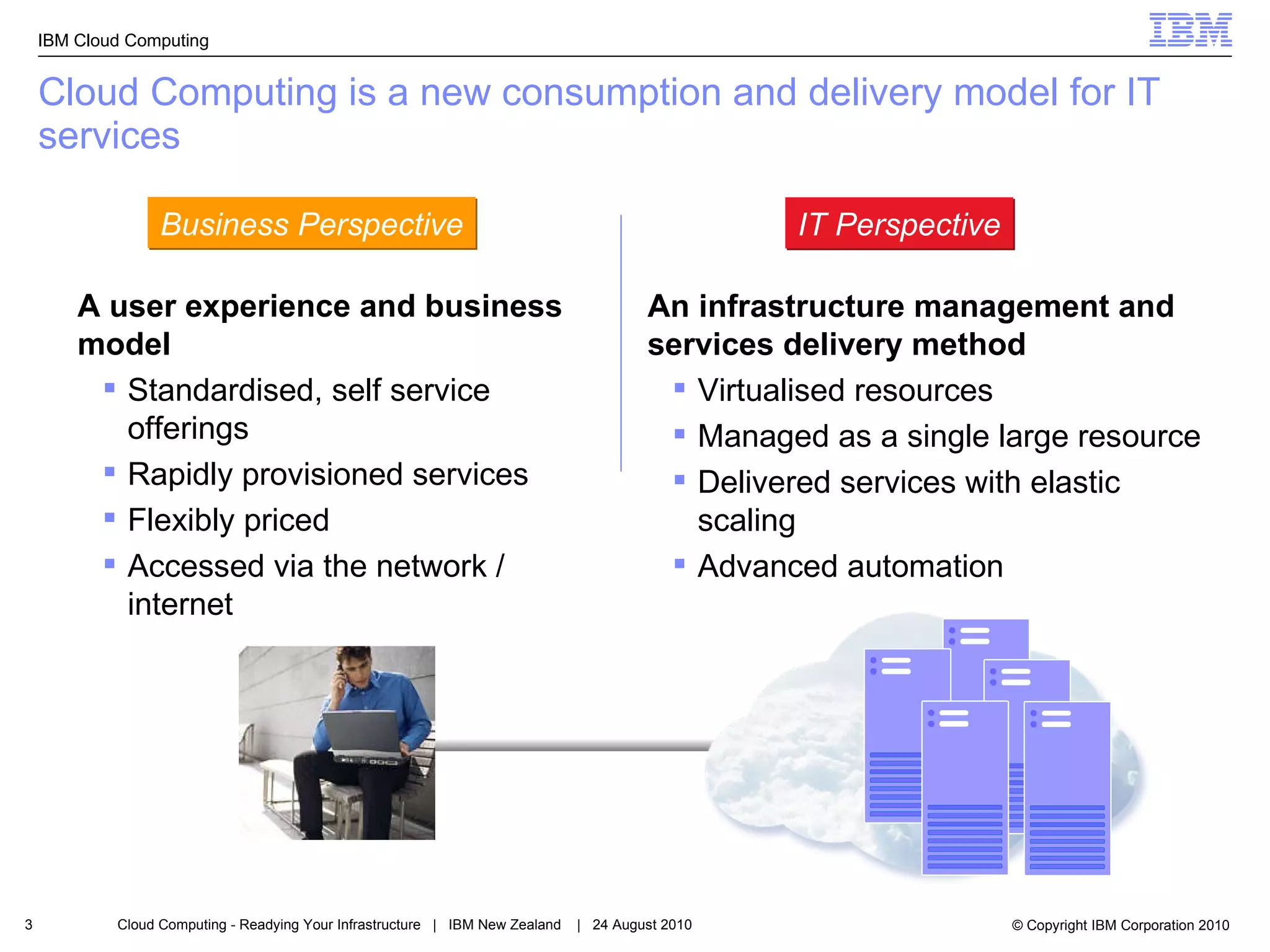 Cloud Computing is a new consumption and delivery model for IT services Business Perspective IT Perspective A user experience and business model Standardised, self service offerings Rapidly provisioned services Flexibly priced Accessed via the network / internet An infrastructure management and services delivery method Virtualised resources Managed as a single large resource Delivered services with elastic scaling Advanced automation 