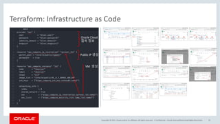 Copyright	©	2017, Oracle	and/or	its	affiliates.	All	rights	reserved.		|
Terraform:	Infrastructure	as	Code	
Confidential	– Oracle	Internal/Restricted/Highly	Restricted 31
Oracle	Cloud	
접속 정보
Public	IP	생성
VM		생성
 