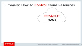 Copyright	©	2017, Oracle	and/or	its	affiliates.	All	rights	reserved.		| Confidential	– Oracle	Internal/Restricted/Highly	Restricted 57
Summary: How to Control Cloud Resources.
 