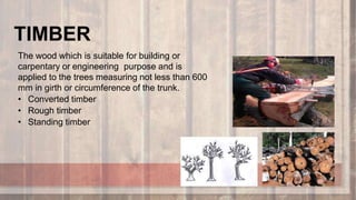 TIMBER
The wood which is suitable for building or
carpentary or engineering purpose and is
applied to the trees measuring not less than 600
mm in girth or circumference of the trunk.
• Converted timber
• Rough timber
• Standing timber
 