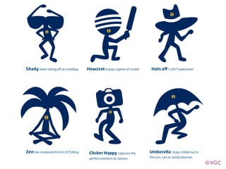 Shady loves taking oﬀ on a holiday     Howzzat enjoys a game of cricket    Hats oﬀ is 24/7 awesome!




Zen has mastered the Art of Chilling    Clicker Happy captures the        Umberella      stays chilled out in

                                        perfect moment on camera          the sun, rain or sandy beaches
 