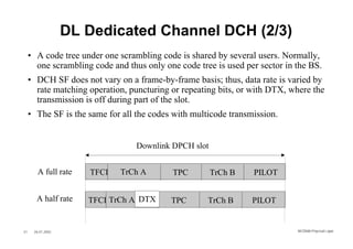DL Dedicated Channel DCH (2/3)
     • A code tree under one scrambling code is shared by several users. Normally,
       one scrambling code and thus only one code tree is used per sector in the BS.
     • DCH SF does not vary on a frame-by-frame basis; thus, data rate is varied by
       rate matching operation, puncturing or repeating bits, or with DTX, where the
       transmission is off during part of the slot.
     • The SF is the same for all the codes with multicode transmission.


                                  Downlink DPCH slot


        A full rate   TFCI   TrCh A        TPC         TrCh B    PILOT


       A half rate    TFCI TrCh A DTX      TPC       TrCh B      PILOT


21    26.01.2002                                                             WCDMA Phys ical Layer
 