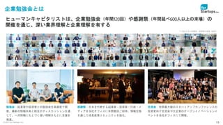 © 2021 for Startups, Inc. 11
企業勉強会とは
感謝祭：日本を代表する起業家・投資家・行政・メ
ディアを当社オフィスに年間数回ご招待。情報交換
を通じて成長産業コミュニティを強化。
勉強会：起業家や投資家との勉強会を高頻度で開
催。最新の情報共有と相互のディスカッションを通
じて、一次情報にもとづく深い理解をもとに支援を
推進。
交流会：世界最大級のスタートアップカンファレンスの
投資家向け交流会や大企業のオープンイノベーションイ
ベントを当社オフィスにて開催。
*ご来社された起業家・投資家の皆様（抜粋）
ヒューマンキャピタリストは、企業勉強会（年間120回）や感謝祭（年間延べ600人以上の来場）の
開催を通じ、深い業界理解と企業理解を有する
 