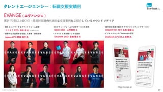 © 2021 for Startups, Inc. 17
タレントエージェンシー：転職支援実績例
EVANGE（エヴァンジェ）
累計170名以上のCXO・経営幹部層の代表的な支援事例をご紹介しているオウンドメディア
・個をエンパワーするプラットフォーム運営
ココナラ CEO 鈴木 歩 氏 *支援時はCOO
・商業的な月面開発を目指した事業・研究開発
ispace CFO 野﨑 順平 氏
https://evange.jp/
・ECプラットフォームや決済サービスを提供
BASE COO 山村兼司 氏
・クラウド人事労務ソフトを提供
SmartHR COO 倉橋 隆文 氏
・国内初日本最大級のクラウドファンディングサービス
READYFOR CFO 名和 俊輔 氏
・ビジネスチャットChatworkの運営
Chatwork CFO 井上 直樹 氏
 