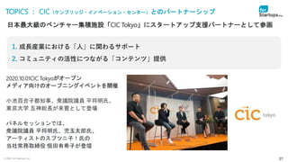 © 2021 for Startups, Inc. 27
TOPICS ： CIC（ケンブリッジ・イノベーション・センター）とのパートナーシップ
1. 成長産業における「人」に関わるサポート
2. コミュニティの活性につながる「コンテンツ」提供
2020.10.01CIC Tokyoがオープン
メディア向けのオープニングイベントを開催
小池百合子都知事、衆議院議員 平将明氏、
東京大学 五神総長が来賓として登場
パネルセッションでは、
衆議院議員 平将明氏、児玉太郎氏、
アーティストのスプツニ子！氏の
当社常務取締役 恒田有希子が登壇
日本最大級のベンチャー集積施設「CIC Tokyo」にスタートアップ支援パートナーとして参画
 