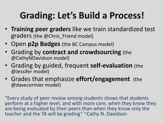 Grading: Let’s Build a Process!
• Training peer graders like we train standardized test
graders (the @Chris_Friend model)
• Open p2p Badges (the BC Campus model)
• Grading by contract and crowdsourcing (the
@CathyNDavidson model)
• Grading by guided, frequent self-evaluation (the
@Jessifer model)
• Grades that emphasize effort/engagement (the
@davecormier model)
“Every study of peer review among students shows that students
perform at a higher level, and with more care, when they know they
are being evaluated by their peers than when they know only the
teacher and the TA will be grading” ~Cathy N. Davidson
 