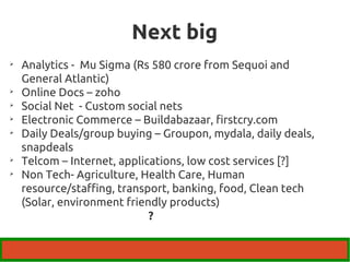 Next big 
 Analytics - Mu Sigma (Rs 580 crore from Sequoi and 
General Atlantic) 
 Online Docs – zoho 
 Social Net - Custom social nets 
 Electronic Commerce – Buildabazaar, firstcry.com 
 Daily Deals/group buying – Groupon, mydala, daily deals, 
snapdeals 
 Telcom – Internet, applications, low cost services [?] 
 Non Tech- Agriculture, Health Care, Human 
resource/staffing, transport, banking, food, Clean tech 
(Solar, environment friendly products) 
? 
 
