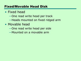 Fixed/Movable Head Disk
• Fixed head
  —One read write head per track
  —Heads mounted on fixed ridged arm
• Movable head
  —One read write head per side
  —Mounted on a movable arm
 
