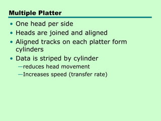 Multiple Platter
• One head per side
• Heads are joined and aligned
• Aligned tracks on each platter form
  cylinders
• Data is striped by cylinder
  —reduces head movement
  —Increases speed (transfer rate)
 