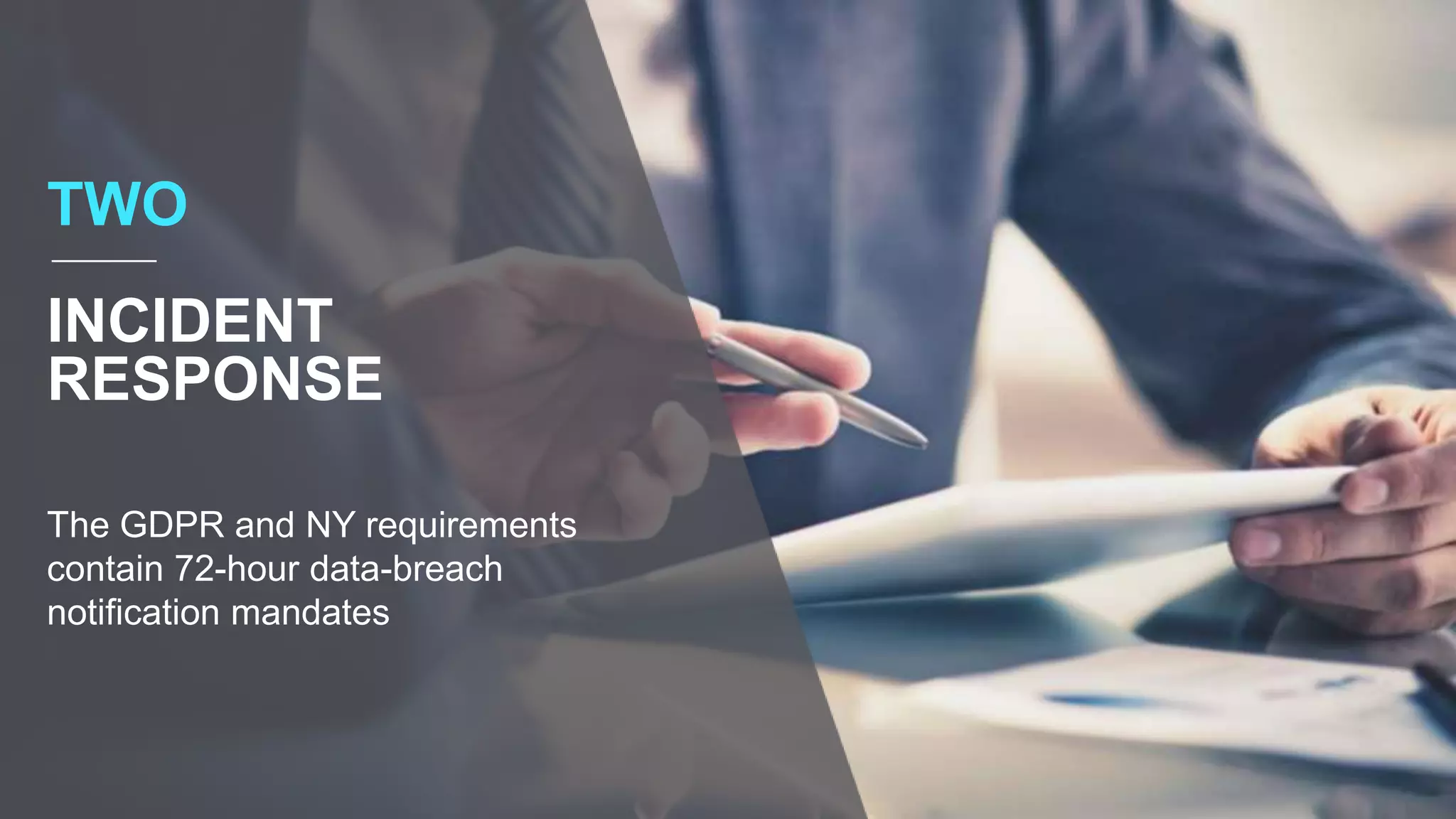 The GDPR and NY requirements
contain 72-hour data-breach
notification mandates
TWO
INCIDENT
RESPONSE
 