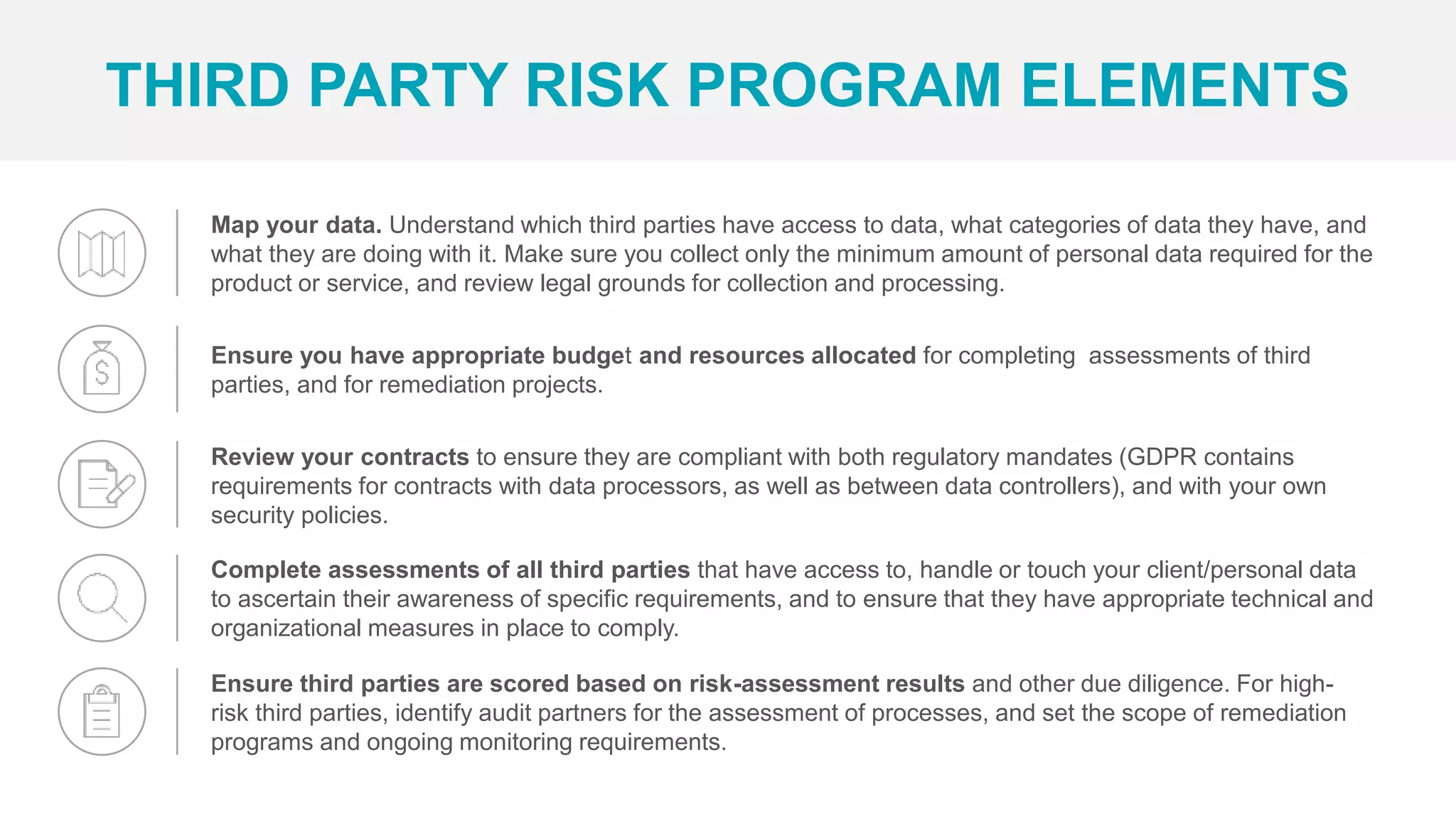 Map your data. Understand which third parties have access to data, what categories of data they have, and
what they are doing with it. Make sure you collect only the minimum amount of personal data required for the
product or service, and review legal grounds for collection and processing.
THIRD PARTY RISK PROGRAM ELEMENTS
Ensure you have appropriate budget and resources allocated for completing assessments of third
parties, and for remediation projects.
Review your contracts to ensure they are compliant with both regulatory mandates (GDPR contains
requirements for contracts with data processors, as well as between data controllers), and with your own
security policies.
Complete assessments of all third parties that have access to, handle or touch your client/personal data
to ascertain their awareness of specific requirements, and to ensure that they have appropriate technical and
organizational measures in place to comply.
Ensure third parties are scored based on risk-assessment results and other due diligence. For high-
risk third parties, identify audit partners for the assessment of processes, and set the scope of remediation
programs and ongoing monitoring requirements.
 