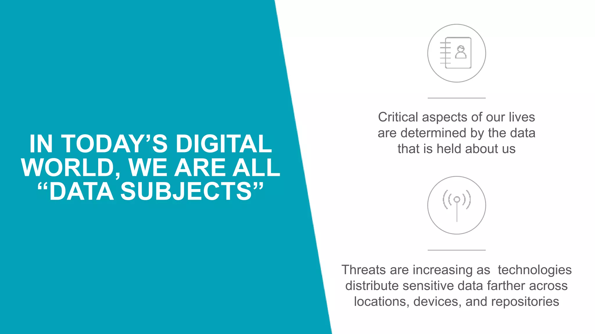 IN TODAY’S DIGITAL
WORLD, WE ARE ALL
“DATA SUBJECTS”
Threats are increasing as technologies
distribute sensitive data farther across
locations, devices, and repositories
Critical aspects of our lives
are determined by the data
that is held about us
 