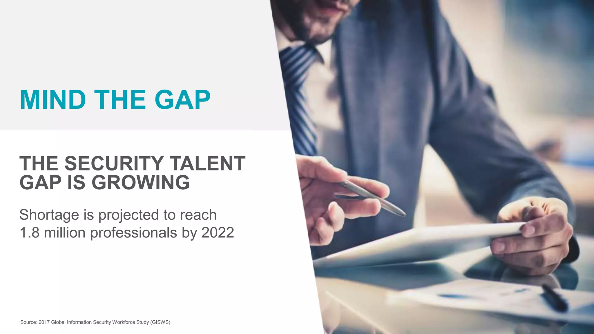 Shortage is projected to reach
1.8 million professionals by 2022
MIND THE GAP
THE SECURITY TALENT
GAP IS GROWING
Source: 2017 Global Information Security Workforce Study (GISWS)
 