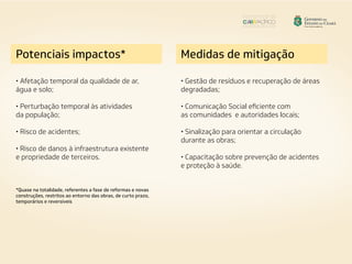 Potenciais impactos*
• Afetação temporal da qualidade de ar,
água e solo;
• Perturbação temporal às atividades
da população;
• Risco de acidentes;
• Risco de danos à infraestrutura existente
e propriedade de terceiros.
Medidas de mitigação	
• Gestão de resíduos e recuperação de áreas
degradadas;
• Comunicação Social eficiente com
as comunidades e autoridades locais;
• Sinalização para orientar a circulação
durante as obras;
• Capacitação sobre prevenção de acidentes
e proteção à saúde.
*Quase na totalidade, referentes a fase de reformas e novas
construções, restritos ao entorno das obras, de curto prazo,
temporários e reversíveis
 