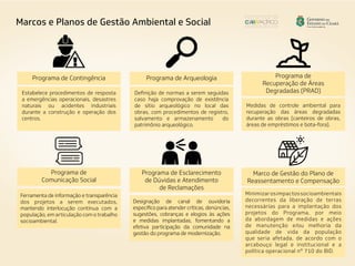 Programa de Contingência Programa de
Recuperação de Áreas
Degradadas (PRAD)
Programa de
Comunicação Social
Ferramenta de informação e transparência
dos projetos a serem executados,
mantendo interlocução contínua com a
população, em articulação com o trabalho
socioambiental.
Programa de Esclarecimento
de Dúvidas e Atendimento
de Reclamações
Designação de canal de ouvidoria
específico para atender críticas, denúncias,
sugestões, cobranças e elogios às ações
e medidas implantadas, fomentando a
efetiva participação da comunidade na
gestão do programa de modernização.
Programa de Arqueologia
Estabelece procedimentos de resposta
a emergências operacionais, desastres
naturais ou acidentes industriais
durante a construção e operação dos
centros.
Definição de normas a serem seguidas
caso haja comprovação de existência
de sítio arqueológico no local das
obras, com procedimentos de registro,
salvamento e armazenamento do
patrimônio arqueológico.
Medidas de controle ambiental para
recuperação das áreas degradadas
durante as obras (canteiros de obras,
áreas de empréstimos e bota-fora).
Marcos e Planos de Gestão Ambiental e Social
Marco de Gestão do Plano de
Reassentamento e Compensação
Minimizarosimpactossocioambientais
decorrentes da liberação de terras
necessárias para a implantação dos
projetos do Programa, por meio
da abordagem de medidas e ações
de manutenção e/ou melhoria da
qualidade de vida da população
que seria afetada, de acordo com o
arcabouço legal e institucional e a
política operacional nº 710 do BID.
 