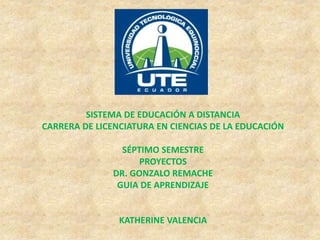 SISTEMA DE EDUCACIÓN A DISTANCIA
CARRERA DE LICENCIATURA EN CIENCIAS DE LA EDUCACIÓN
SÉPTIMO SEMESTRE
PROYECTOS
DR. GONZALO REMACHE
GUIA DE APRENDIZAJE
KATHERINE VALENCIA
 