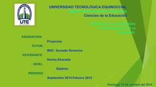 UNIVERSIDAD TECNOLÓGICA EQUINOCCIAL
Sistema de Educación a Distancia
Ciencias de la Educación
“FORTALECER LAS CAPACIDADES
Y POTENCIALIDADES DE LA
CIUDADANÍA”
ASIGNATURA:
Proyectos
TUTOR:
MSC. Gonzalo Remache
ESTUDIANTE:
Karina Alvarado
NIVEL:
Séptimo
PERIODO:
Septiembre 2014-Febrero 2015
Domingo 12 de octubre del 2014
 
