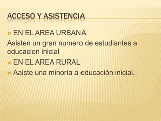 ACCESO Y ASISTENCIA
EN EL AREA URBANA
Asisten un gran numero de estudiantes a
educacion inicial
 EN EL AREA RURAL
 Aaiste una minoría a educación inicial.


 