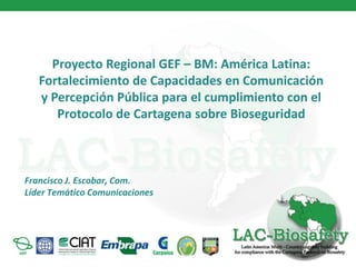 Proyecto Regional GEF – BM: América Latina:
   Fortalecimiento de Capacidades en Comunicación
   y Percepción Pública para el cumplimiento con el
      Protocolo de Cartagena sobre Bioseguridad



Francisco J. Escobar, Com.
Líder Temático Comunicaciones
 