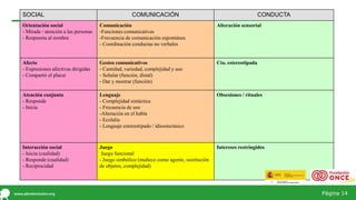 Página 14
SOCIAL COMUNICACIÓN CONDUCTA
Orientación social
- Mirada / atención a las personas
- Respuesta al nombre
Comunicación
-Funciones comunicativas
-Frecuencia de comunicación espontánea
- Coordinación conductas no verbales
Alteración sensorial
Afecto
- Expresiones afectivas dirigidas
- Compartir el placer
Gestos comunicativos
- Cantidad, variedad, complejidad y uso
- Señalar (función, distal)
- Dar y mostrar (función)
Cta. estereotipada
Atención conjunta
- Responde
- Inicia
Lenguaje
- Complejidad sintáctica
- Frecuencia de uso
-Alteración en el habla
- Ecolalia
- Lenguaje estereotipado / idiosincrásico
Obsesiones / rituales
Interacción social
- Inicia (cualidad)
- Responde (cualidad)
- Reciprocidad
Juego
Juego funcional
- Juego simbólico (muñeco como agente, sustitución
de objetos, complejidad)
Intereses restringidos
 