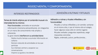 Página 19
RIGIDEZ MENTAL Y COMPORTAMENTAL
INTERESES RESTRINGIDOS ADHESIÓN A RUTINAS Y RITUALES
Temas de interés atípicos por el contenido inusual o la
intensidad de los mismos
Poco funcionales: centrados en acumular
información (memoria extraordinaria), sin integrarlos
en un marco de conocimiento más amplio y
coherente.
Su gran interés interfiere en su actividad diaria
Dedica mucho tiempo a acumular información en
solitario
Número reducido de actividades en las que
participa
Sus intereses centran y acaparan sus
conversaciones
Impone sus gustos a los demás
Adhesión a rutinas y rituales inflexibles y sin
funcionalidad
Rituales y rutinas inflexibles y sin sentido: sentarse
en el mismo sitio, ir por el mismo sitio al colegio,
hacer algunas cosas sólo en ciertos lugares
Rituales verbales: preguntas repetitivas, exigir
respuestas concretas
Rígido, ordenado, pulcro, perfeccionista…
 