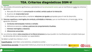 Página 7
TEA. Criterios diagnósticos DSM-V
1. Dificultades clínicamente significativas y persistentes en la comunicación social, que se manifiesta en todos los síntomas
siguientes:
a. Marcada dificultad en la comunicación no verbal y verbal usada en la interacción.
b. Ausencia de reciprocidad social.
c. Dificultades para desarrollar y mantener relaciones con iguales apropiadas para el nivel de desarrollo.
2. Patrones repetitivos y restringidos de conducta, actividades e intereses, que se manifiestan en, al menos dos de los
siguientes síntomas:
a. Conductas estereotipadas motoras o verbales
b. Adherencia excesiva a rutinas y patrones de comportamiento ritualistas.
c. Intereses restringidos y obsesivos.
d. Alteraciones sensoriales.
3. Los síntomas deben estar presentes en la infancia temprana (aunque pueden no manifestarse por completo hasta que
las demandas del entorno excedan sus capacidades).
Se deben cumplir los criterios 1, 2 y 3.
Especificadores: severidad, curso evolutivo, competencia verbal ...
Características asociadas: discapacidad intelectual, presencia de trastornos genéticos asociados, epilepsia...
 