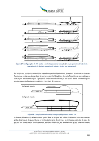 RELATÓRIO 2 - ESTUDOS DE ENGENHARIA E AFINS
AEROPORTO INTERNACIONAL PINTO MARTINS - FORTALEZA - CE
130
Figura 87: Configurações de TPS (corte) - A: nível operacional único; B: 1 ½ nível operacional; C: 2 níveis
operacionais; D: 3 níveis operacionais (Airport Design and Operations).
Foi projetado, portanto, um meio fio elevado no primeiro pavimento, que passa a concentrar todas as
funções de embarque, deixando o térreo junto ao nível do pátio e do meio fio existente reservado para
as funções de desembarque. É proposta ainda uma reformulação do layout deste pavimento para
ampliar as condições de processadores e os níveis de conforto.
Figura 88: Configuração existente vs configuração proposta para o TPS
O desenvolvimento do TPS em termos gerais deve se adaptar aos condicionantes do entorno, como as
pistas de chegada de automóveis, os limites de terreno, desníveis, e os limites de proteção da pista de
pouso. Por conta destas condicionantes, bastante restritivas, foi determinado que o terminal deverá
 