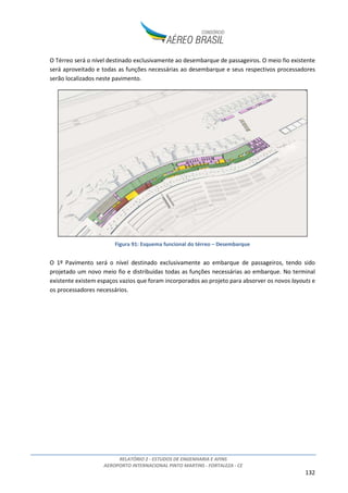RELATÓRIO 2 - ESTUDOS DE ENGENHARIA E AFINS
AEROPORTO INTERNACIONAL PINTO MARTINS - FORTALEZA - CE
132
O Térreo será o nível destinado exclusivamente ao desembarque de passageiros. O meio fio existente
será aproveitado e todas as funções necessárias ao desembarque e seus respectivos processadores
serão localizados neste pavimento.
Figura 91: Esquema funcional do térreo – Desembarque
O 1º Pavimento será o nível destinado exclusivamente ao embarque de passageiros, tendo sido
projetado um novo meio fio e distribuídas todas as funções necessárias ao embarque. No terminal
existente existem espaços vazios que foram incorporados ao projeto para absorver os novos layouts e
os processadores necessários.
 