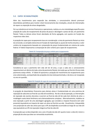 RELATÓRIO 2 - ESTUDOS DE ENGENHARIA E AFINS
AEROPORTO INTERNACIONAL PINTO MARTINS - FORTALEZA - CE
152
5.2. CAPEX DE MANUTENÇÃO
Além dos investimentos para expansão das atividades, o concessionário deverá promover
desembolsos periódicos para manter o bom funcionamento das instalações, através de intervenções
de reparo ou reposição de ativos desgastados.
Por sua relevância em termos financeiros e operacionais, realizou-se uma metodologia específica para
projeção de custos de recapeamento de pistas de pouso e decolagem e pistas de táxi, em pavimento
flexível. Todos os demais ativos foram abordados de forma agregada, com ajustes em função das
respectivas vidas úteis.
A projeção de capex para recapeamento leva em consideração: a área de pavimento flexível ao início
da concessão; as variações desta área em função de implantação ou ajuste de trechos de pista; o valor
unitário de recapeamento baseado em composição de preços fundamentado em sistema de custos
federal. A Tabela 53apresenta a composição de valor unitário para capex de recapeamento.
Tabela 53: Composição de preço unitário para recapeamento
Considerou-se que o pavimento tem vida útil de 10 anos, e que a cada ano o concessionário
repavimentará um décimo de toda a área de pavimento flexível, de modo que ao final de 10 anos todo
pavimento esteja refeito. A Tabela 54 apresenta a projeção de investimento de recapeamento para
anos selecionados, acompanhado das projeções de área total pavimentada, e da área a ser recapeada
no ano em questão.
Tabela 54: Projeção de capex de manutenção com recapeamento
A projeção de desembolsos financeiros para demais ativos é fundamentada em uma premissa de
reposição de cada ativo ao final de sua vida útil econômica. No dia-a-dia da operação, as intervenções
de reposição são eventos discretos e ocorrem ao final da vida útil de cada item distinto do ativo: a
modelagem exata deste fenômeno seria demasiadamente complexa. Alternativamente, modelou-se
esta reposição a partir de uma abordagem agregada, que considera o impacto financeiro (em valor
presente) equivalente ao impacto de repor um ativo ao final de sua vida. Anualmente, é despendida
uma proporção do valor dos ativos para que o VPL de dispêndios acumulado ao longo de sua vida útil
seja equivalente ao VPL da reposição integral ao final da vida útil.
A proporção que se deve dispender ano a ano é função da vida útil: quanto maior a vida útil, menor a
proporção do ativo que deve ser reinvestida anualmente.
PREÇO UNITÁRIO
(R$)
PREÇO TOTAL (R$)
PREÇO UNITÁRIO
(R$)
PREÇO TOTAL (R$)
Fresagem m³ 0,050 132,94 6,65 122,81 6,14 DNIT 5 S 02 990 11 março/2015
transporte material m³.km 1,000 0,70 0,70 0,65 0,65 DNIT 2 S 09 002 05 março/2015
camada CAUQ m³ 0,050 610,15 30,51 563,66 28,18 SINAPI 72965 agosto/2015
Imprimação m² 1,000 5,09 5,09 4,71 4,71 SINAPI 72945 agosto/2015
Sinalização horizontal m² 0,033 27,13 0,90 25,06 0,84 SINAPI 84665 agosto/2015
TOTAL 43,85 40,51
SEM ISENÇÃO COM ISENÇÃO
Item Unidade Quantidade FONTE DATA-BASE
2017 2018 2019 2020 2021 2026 2036 2046
RECAPEAMENTO NO ANO [MM R$] 1,0 1,1 1,5 1,5 1,9 1,9 1,9 1,3
Área recapeada no ano [mil m²] 25,6 28,1 38,2 39,0 48,2 48,2 48,2 48,2
Área total pavimento [mil m²] 256 281 382 390 482 482 482 482
 