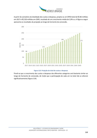 RELATÓRIO 2 - ESTUDOS DE ENGENHARIA E AFINS
AEROPORTO INTERNACIONAL PINTO MARTINS - FORTALEZA - CE
168
A partir do somatório da totalidade dos custos e despesas, projeta-se um OPEX total de R$ 86 milhões
em 2017 e R$ 250 milhões em 2045, resultado de um crescimento médio de 3,9% a.a. A figura a seguir
apresenta os resultados da projeção ao longo do horizonte da concessão.
Figura 113: Projeção do total de custos e despesas
Prevê-se que o crescimento dos custos e despesas das diferentes categorias será bastante similar ao
longo do horizonte de concessão, de modo que a participação de cada um no total não se alterará
significativamente (Figura 114).
86
123
183
173
0
50
100
150
200
250
300
2017 2019 2021 2023 2025 2027 2029 2031 2033 2035 2037 2039 2041 2043 2045
MMR$
 