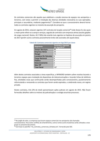 RELATÓRIO 2 - ESTUDOS DE ENGENHARIA E AFINS
AEROPORTO INTERNACIONAL PINTO MARTINS - FORTALEZA - CE
170
Os contratos comerciais são aqueles que viabilizam a cessão onerosa de espaços nos aeroportos a
terceiros, com vistas a permitir a instalação das diversas atividades necessárias às suas operações,
principais e secundárias, mediante pagamentos58
. Considera-se que o concessionário deverá honrar
todos os contratos vigentes no instante da assunção do aeroporto.
Em agosto de 2015, estavam vigentes 147 contratos de locação comercial59
(vide Anexo II), dos quais
a maior parte refere-se a varejo e serviços, seguido de contratos com empresas aéreas (exceto galpões
de cargas nacional). Destes, 42 (~30%) não estarão mais vigentes na hipótese de assunção em janeiro
de 2017 (porém outros contratos possivelmente terão sido assinados até aquela data).
Tabela 64: Contratos comerciais vigentes em Ago/2015 por classe
Segmento
Contratos vigentes
em Ago/2015
Varejo/ Serviços 89
Empresa Aérea 26
Hangar 10
Locadora De Veículos 9
Carga Nacional 6
Público 4
Estacionamento 2
Sala VIP 1
Total Geral 147
Além destes contratos associados a áreas específicas, a INFRAERO também aufere receitas locando a
terceiros espaços para instalação de dispositivos de telecomunicações e locando linhas de telefonia
fixa, atividades essas que continuarão sendo desempenhadas pelo concessionário, paulatinamente
reformulando e renovando os contratos que forem sendo expirados, e celebrando novos, em regime
privado.
Destes contratos, três (2% do total) apresentavam ações judiciais em agosto de 2015. Não foram
fornecidos detalhes sobre os motivos da judicialização e o estágio atual dos processos.
58
No jargão do setor, as empresas que locam espaços comerciais nos aeroportos são chamadas
concessionárias. Para evitar conflitos de entendimento, outros nomes (como locatários) serão utilizados a esse
grupo no presente documento.
59
Com base na planilha “rel_contratos_comerciais_fortaleza.xls”, fornecido pela SAC.
 