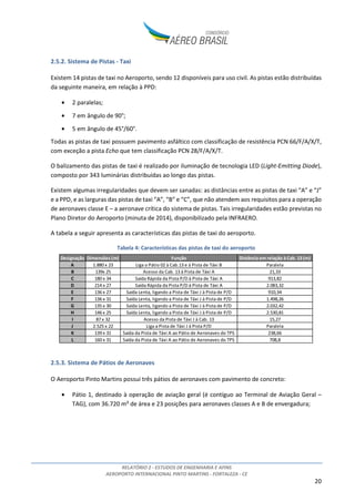 RELATÓRIO 2 - ESTUDOS DE ENGENHARIA E AFINS
AEROPORTO INTERNACIONAL PINTO MARTINS - FORTALEZA - CE
20
2.5.2. Sistema de Pistas - Taxi
Existem 14 pistas de taxi no Aeroporto, sendo 12 disponíveis para uso civil. As pistas estão distribuídas
da seguinte maneira, em relação à PPD:
• 2 paralelas;
• 7 em ângulo de 90°;
• 5 em ângulo de 45°/60°.
Todas as pistas de taxi possuem pavimento asfáltico com classificação de resistência PCN 66/F/A/X/T,
com exceção a pista Echo que tem classificação PCN 28/F/A/X/T.
O balizamento das pistas de taxi é realizado por iluminação de tecnologia LED (Light-Emitting Diode),
composto por 343 luminárias distribuídas ao longo das pistas.
Existem algumas irregularidades que devem ser sanadas: as distâncias entre as pistas de taxi “A” e “J”
e a PPD, e as larguras das pistas de taxi “A”, “B” e “C”, que não atendem aos requisitos para a operação
de aeronaves classe E – a aeronave crítica do sistema de pistas. Tais irregularidades estão previstas no
Plano Diretor do Aeroporto (minuta de 2014), disponibilizado pela INFRAERO.
A tabela a seguir apresenta as características das pistas de taxi do aeroporto.
Tabela 4: Características das pistas de taxi do aeroporto
2.5.3. Sistema de Pátios de Aeronaves
O Aeroporto Pinto Martins possui três pátios de aeronaves com pavimento de concreto:
• Pátio 1, destinado à operação de aviação geral (é contíguo ao Terminal de Aviação Geral –
TAG), com 36.720 m² de área e 23 posições para aeronaves classes A e B de envergadura;
Designação Dimensões (m) Função Distância em relação à Cab. 13 (m)
A 1.880 x 23 Liga o Pátio 02 à Cab.13 e à Pista de Táxi B Paralela
B 139x 25 Acesso da Cab. 13 à Pista de Táxi A 21,33
C 180 x 34 Saída Rápida da Pista P/D à Pista de Táxi A 913,82
D 214 x 27 Saída Rápida da Pista P/D à Pista de Táxi A 2.083,32
E 136 x 27 Saída Lenta, ligando a Pista de Táxi J à Pista de P/D 910,34
F 136 x 31 Saída Lenta, ligando a Pista de Táxi J à Pista de P/D 1.498,26
G 135 x 30 Saída Lenta, ligando a Pista de Táxi J à Pista de P/D 2.032,42
H 146 x 25 Saída Lenta, ligando a Pista de Táxi J à Pista de P/D 2.530,81
I 87 x 32 Acesso da Pista de Táxi J à Cab. 13 15,27
J 2.525 x 22 Liga a Pista de Táxi J à Pista P/D Paralela
K 139 x 31 Saída da Pista de Táxi A ao Pátio de Aeronaves do TPS 238,66
L 160 x 31 Saída da Pista de Táxi A ao Pátio de Aeronaves do TPS 708,8
 