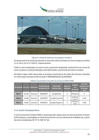 RELATÓRIO 2 - ESTUDOS DE ENGENHARIA E AFINS
AEROPORTO INTERNACIONAL PINTO MARTINS - FORTALEZA - CE
22
Figura 13: Pontes de embarque de passageiros do Pátio 2
Os equipamentos de rampa que atendem às aeronaves estão localizados em áreas contíguas aos Pátios
2 e 3, com 1.513 m² e 7.450 m², respectivamente.
O Pátio 1, para aviação geral, encontra-se com o pavimento desgastado, revelando fissuras, trincas de
canto nas placas e juntas de dilatação muito deterioradas, necessitando de reforma imediata.
Na tabela a seguir estão relacionadas as principais características dos pátios de aeronaves, baseadas
em informações extraídas do Memorando nº 8969/DAAA/2015 da INFRAERO.
Tabela 5: Características dos pátios de aeronaves (DECEA-AIM)
2.5.4. Auxílio à Navegação Aérea
A Torre de Controle Fortaleza (TWR) é responsável pelo espaço aéreo da Zona de Controle Fortaleza
(CTR Fortaleza), a qual engloba um limite horizontal com uma circunferência de 15 NM de raio, a partir
do centro (coordenadas 03° 47’ S / 038° 32’ W).
Designação Área (m²) Pavimento
Classificação de
Resistência PCN
Destinação
Predominante
Pontes de
Embarque
Posições
de
Aeronaves
Áreas de
Equipamentos
de Rampa
(m²)
Pátio 1 36.720 Concreto 44/R/B/X/T Aviação Geral 0 23 Classe B 0
Pátio 2 76.818 Concreto 51/R/A/X/T Aviação Comercial 7
15 Classe
C, D e E
1.513
Pátio 3 45.056 Concreto 69 R/B/X/T Aviação Cargueira 0
7 Classe C,
D e E
7.450
 