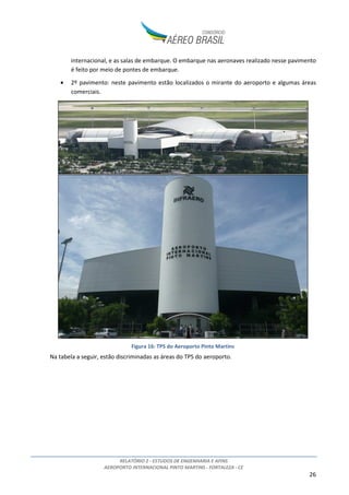 RELATÓRIO 2 - ESTUDOS DE ENGENHARIA E AFINS
AEROPORTO INTERNACIONAL PINTO MARTINS - FORTALEZA - CE
26
internacional, e as salas de embarque. O embarque nas aeronaves realizado nesse pavimento
é feito por meio de pontes de embarque.
• 2º pavimento: neste pavimento estão localizados o mirante do aeroporto e algumas áreas
comerciais.
Figura 16: TPS do Aeroporto Pinto Martins
Na tabela a seguir, estão discriminadas as áreas do TPS do aeroporto.
 