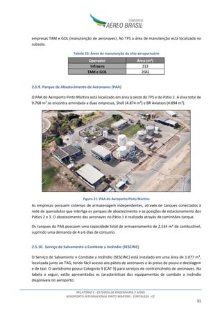 RELATÓRIO 2 - ESTUDOS DE ENGENHARIA E AFINS
AEROPORTO INTERNACIONAL PINTO MARTINS - FORTALEZA - CE
3
2.9.3. Energia Elétrica.............................................................................................................. 60
2.9.4. Água Fria e Esgotamento Sanitário............................................................................... 61
2.10. AVALIAÇÃO DA CAPACIDADE INSTALADA......................................................................... 63
2.10.1. Sistema de Pistas........................................................................................................... 63
2.10.1.1 Método FAA + Fatores de Correção INFRAERO ........................................................ 63
2.10.1.2 Método DECEA.......................................................................................................... 66
2.10.1.3 Capacidade Homologada .......................................................................................... 69
2.10.1.4 Conclusão .................................................................................................................. 69
2.10.2. Pátio de Aeronaves de Aviação Comercial.................................................................... 70
2.10.3. Terminal de Cargas........................................................................................................ 72
2.10.3.1 Método da IAC........................................................................................................... 72
2.10.3.2 Método da IATA ........................................................................................................ 73
2.10.4. Terminal de Passageiros (TPS)....................................................................................... 73
2.10.4.1 Funções Primárias ..................................................................................................... 77
2.10.4.2 Funções Secundárias e Áreas Adicionais................................................................... 83
2.10.4.3 Conclusão .................................................................................................................. 83
2.10.5. Estacionamento............................................................................................................. 84
2.11. PRINCIPAIS INTERVENÇÕES REQUERIDAS NO HORIZONTE DE CONCESSÃO .................... 85
3. ANÁLISE DE ALTERNATIVAS........................................................................................................... 89
3.1. ALTERNATIVA 1 – PISTA ÚNICA............................................................................................. 89
3.1.1. Descrição e Características............................................................................................ 89
3.1.2. Capacidade.................................................................................................................... 91
3.1.3. Possibilidade de implantação de pistas de contingência.............................................. 92
3.1.4. Avaliação ....................................................................................................................... 97
3.2. ALTERNATIVA 2 – PISTAS PARALELAS ................................................................................... 98
3.2.1. Descrição e Características............................................................................................ 98
3.2.2. Capacidade.................................................................................................................. 100
3.2.3. Avaliação ..................................................................................................................... 100
3.3. CONCLUSÕES....................................................................................................................... 101
4. DESENVOLVIMENTO DO SÍTIO AEROPORTUÁRIO....................................................................... 102
4.1. FASES DE IMPLANTAÇÃO .................................................................................................... 102
4.1.1. FASE 1.......................................................................................................................... 103
 