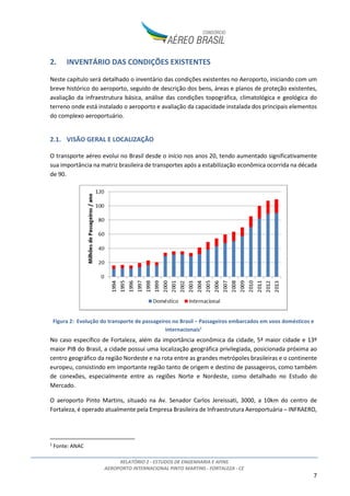 RELATÓRIO 2 - ESTUDOS DE ENGENHARIA E AFINS
AEROPORTO INTERNACIONAL PINTO MARTINS - FORTALEZA - CE
7
2. INVENTÁRIO DAS CONDIÇÕES EXISTENTES
Neste capítulo será detalhado o inventário das condições existentes no Aeroporto, iniciando com um
breve histórico do aeroporto, seguido de descrição dos bens, áreas e planos de proteção existentes,
avaliação da infraestrutura básica, análise das condições topográfica, climatológica e geológica do
terreno onde está instalado o aeroporto e avaliação da capacidade instalada dos principais elementos
do complexo aeroportuário.
2.1. VISÃO GERAL E LOCALIZAÇÃO
O transporte aéreo evolui no Brasil desde o início nos anos 20, tendo aumentado significativamente
sua importância na matriz brasileira de transportes após a estabilização econômica ocorrida na década
de 90.
Figura 2: Evolução do transporte de passageiros no Brasil – Passageiros embarcados em voos domésticos e
internacionais1
No caso específico de Fortaleza, além da importância econômica da cidade, 5ª maior cidade e 13º
maior PIB do Brasil, a cidade possui uma localização geográfica privilegiada, posicionada próxima ao
centro geográfico da região Nordeste e na rota entre as grandes metrópoles brasileiras e o continente
europeu, consistindo em importante região tanto de origem e destino de passageiros, como também
de conexões, especialmente entre as regiões Norte e Nordeste, como detalhado no Estudo do
Mercado.
O aeroporto Pinto Martins, situado na Av. Senador Carlos Jereissati, 3000, a 10km do centro de
Fortaleza, é operado atualmente pela Empresa Brasileira de Infraestrutura Aeroportuária – INFRAERO,
1
Fonte: ANAC
 