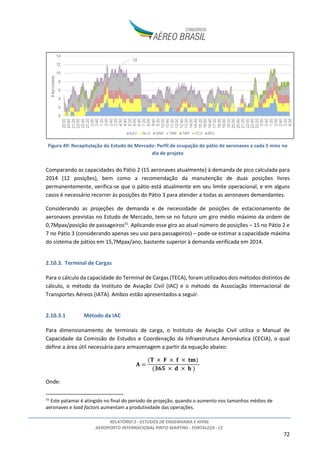 RELATÓRIO 2 - ESTUDOS DE ENGENHARIA E AFINS
AEROPORTO INTERNACIONAL PINTO MARTINS - FORTALEZA - CE
72
Figura 49: Recapitulação do Estudo de Mercado: Perfil de ocupação do pátio de aeronaves a cada 5 mins no
dia de projeto
Comparando as capacidades do Pátio 2 (15 aeronaves atualmente) à demanda de pico calculada para
2014 (12 posições), bem como a recomendação da manutenção de duas posições livres
permanentemente, verifica-se que o pátio está atualmente em seu limite operacional, e em alguns
casos é necessário recorrer às posições do Pátio 3 para atender a todas as aeronaves demandantes.
Considerando as projeções de demanda e de necessidade de posições de estacionamento de
aeronaves previstas no Estudo de Mercado, tem-se no futuro um giro médio máximo da ordem de
0,7Mpax/posição de passageiros31
. Aplicando esse giro ao atual número de posições – 15 no Pátio 2 e
7 no Pátio 3 (considerando apenas seu uso para passageiros) – pode-se estimar a capacidade máxima
do sistema de pátios em 15,7Mpax/ano, bastante superior à demanda verificada em 2014.
2.10.3. Terminal de Cargas
Para o cálculo da capacidade do Terminal de Cargas (TECA), foram utilizados dois métodos distintos de
cálculo, o método da Instituto de Aviação Civil (IAC) e o método da Associação Internacional de
Transportes Aéreos (IATA). Ambos estão apresentados a seguir.
2.10.3.1 Método da IAC
Para dimensionamento de terminais de carga, o Instituto de Aviação Civil utiliza o Manual de
Capacidade da Comissão de Estudos e Coordenação da Infraestrutura Aeronáutica (CECIA), o qual
define a área útil necessária para armazenagem a partir da equação abaixo:
	 	 	 	 	 	!"#	
$%	 	 	 	&	#
	
Onde:
31
Este patamar é atingido no final do período de projeção, quando o aumento nos tamanhos médios de
aeronaves e load factors aumentam a produtividade das operações.
 